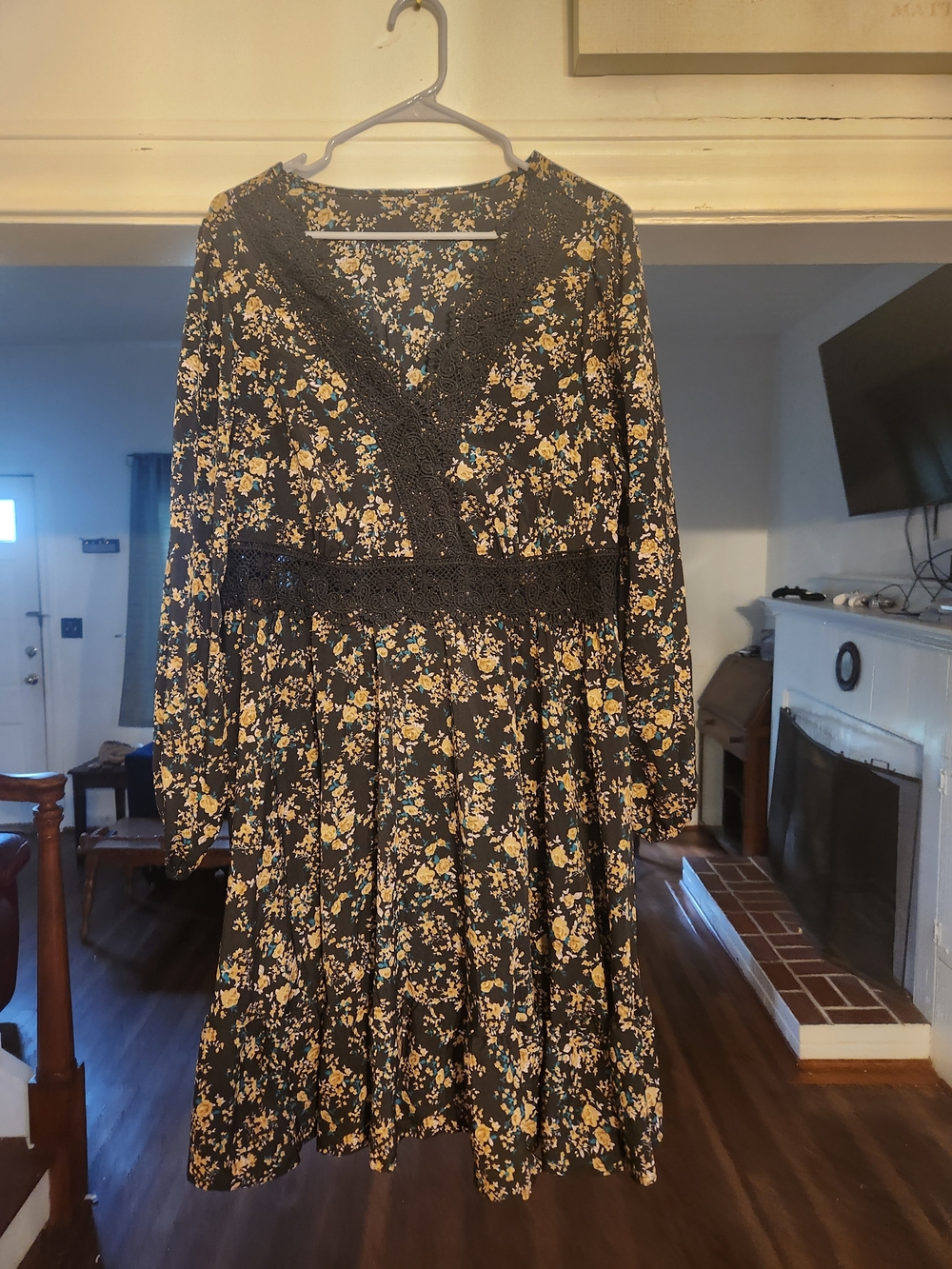 SHEIN Black Midi Dress with Yellow Floral Print